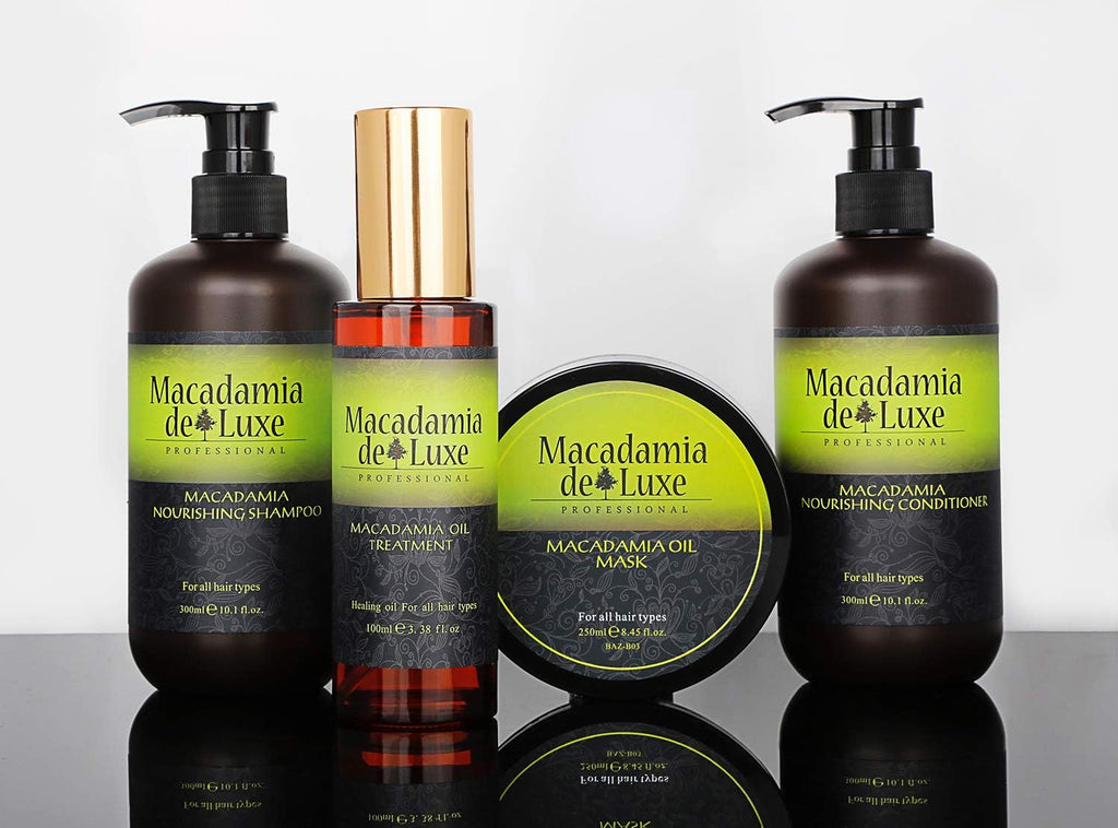 Macadamia de Luxe Professional Hair Care Set – Shampoo 10.1 oz, Conditioner 10.1 oz, Hair Mask 8.45 oz & Oil Treatment 3.38 oz for Deep Hydration & Repair