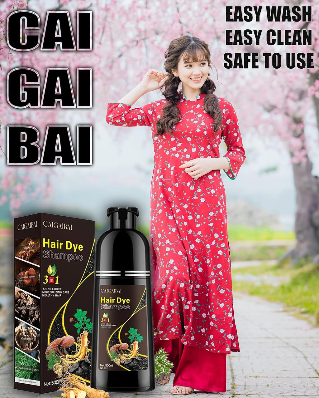 CAIGAIBAI 3-in-1 Black Hair Dye Shampoo for Gray Coverage, Hair Color Shampoo .