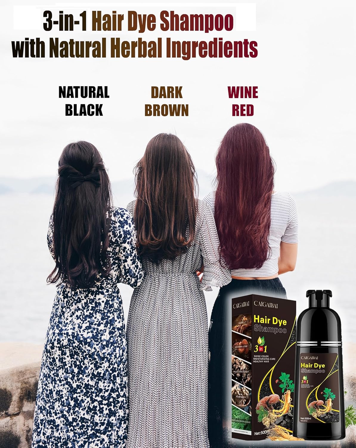 CAIGAIBAI 3-in-1 Black Hair Dye Shampoo for Gray Coverage, Hair Color Shampoo .