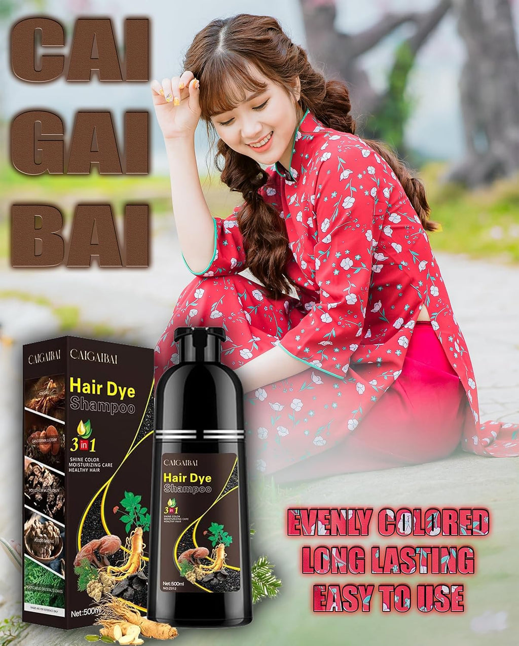 CAIGAIBAI 3-in-1 Black Hair Dye Shampoo for Gray Coverage, Hair Color Shampoo .