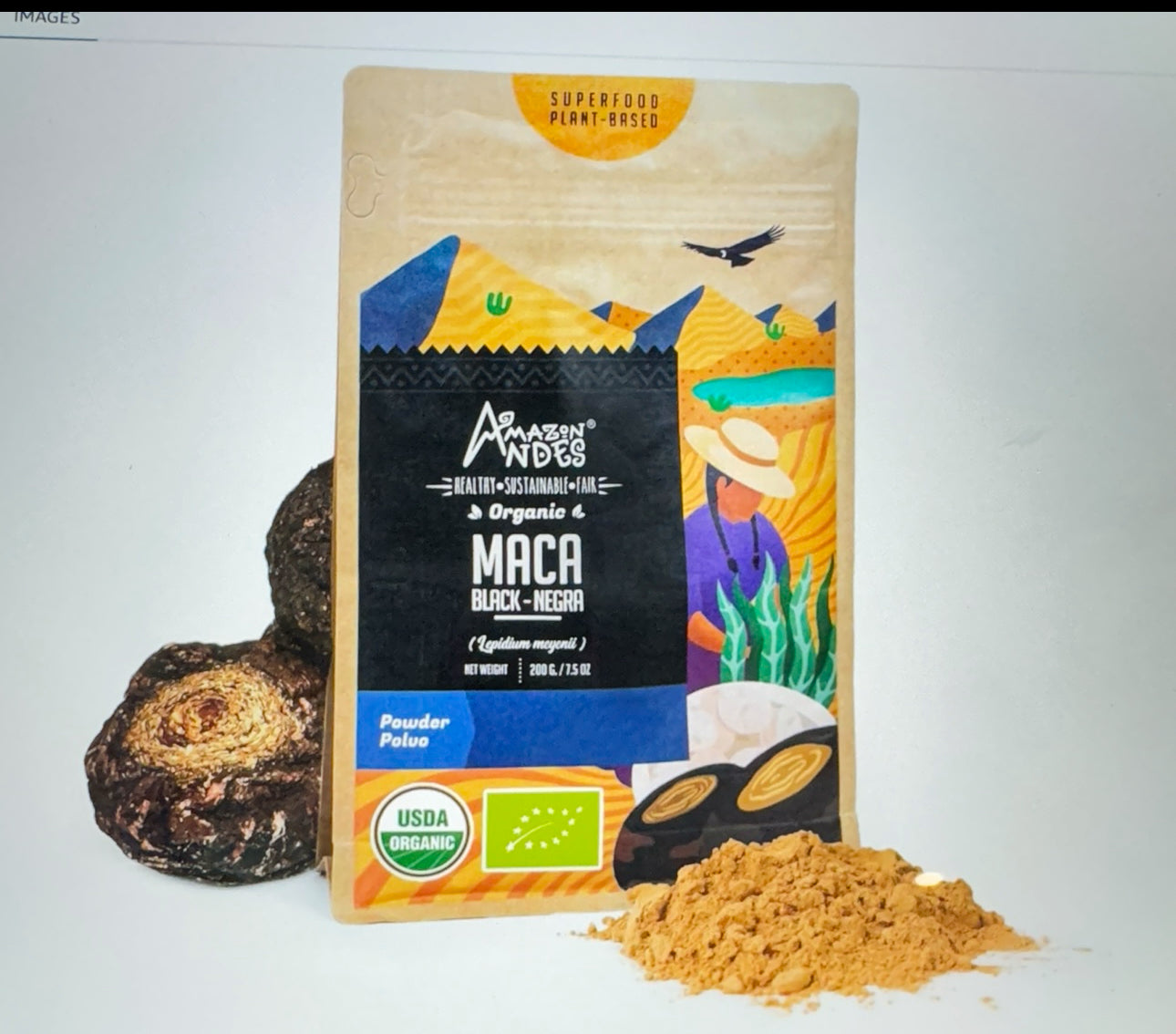 Amazon Andes Black Maca Root Powder (Lepidium meyenii) - contains Carbohydrates & Minerals - Adaptogen superfood & Health Promoter - Gelatinized, Vegan, Non-GMO & Allegen-free - 7 Ounce (40 Servings)