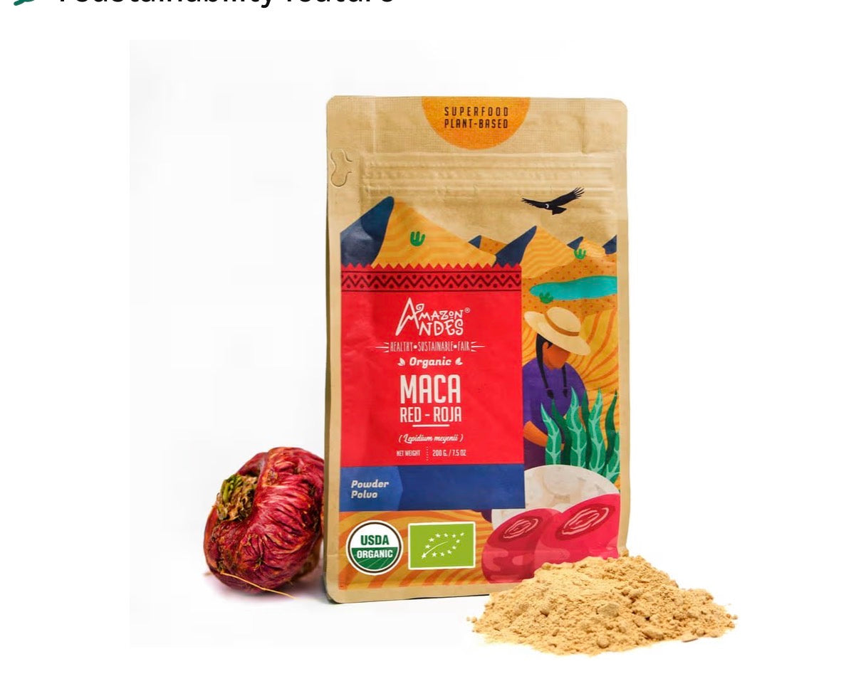 Amazon Andes Organic Red Maca Root Powder 8oz 227g - Maca Roja from Junin Peru - Gelatinized Starch-Free - USDA Organic Lepidium Meyenii - Raw Peruvian Superfood Andes Non-GMO Vegan