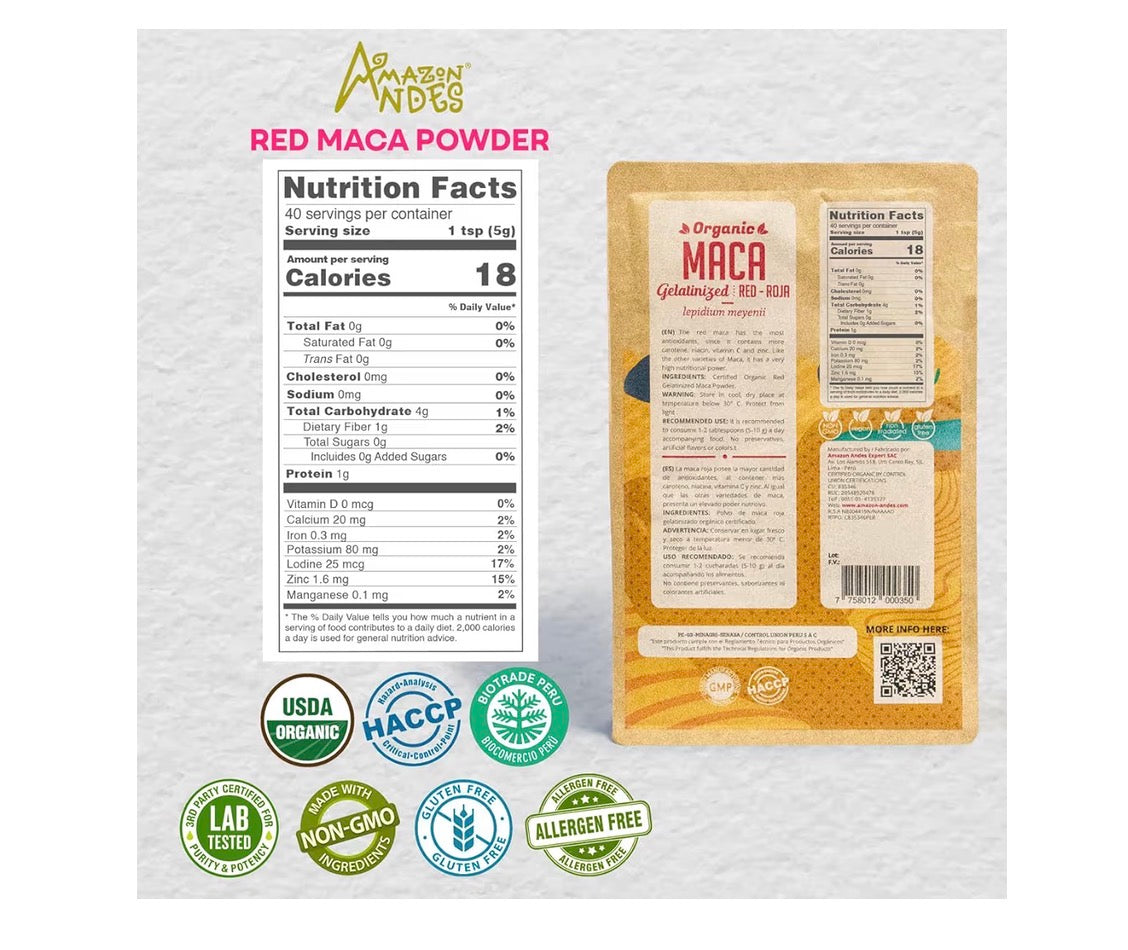 Amazon Andes Organic Red Maca Root Powder 8oz 227g - Maca Roja from Junin Peru - Gelatinized Starch-Free - USDA Organic Lepidium Meyenii - Raw Peruvian Superfood Andes Non-GMO Vegan