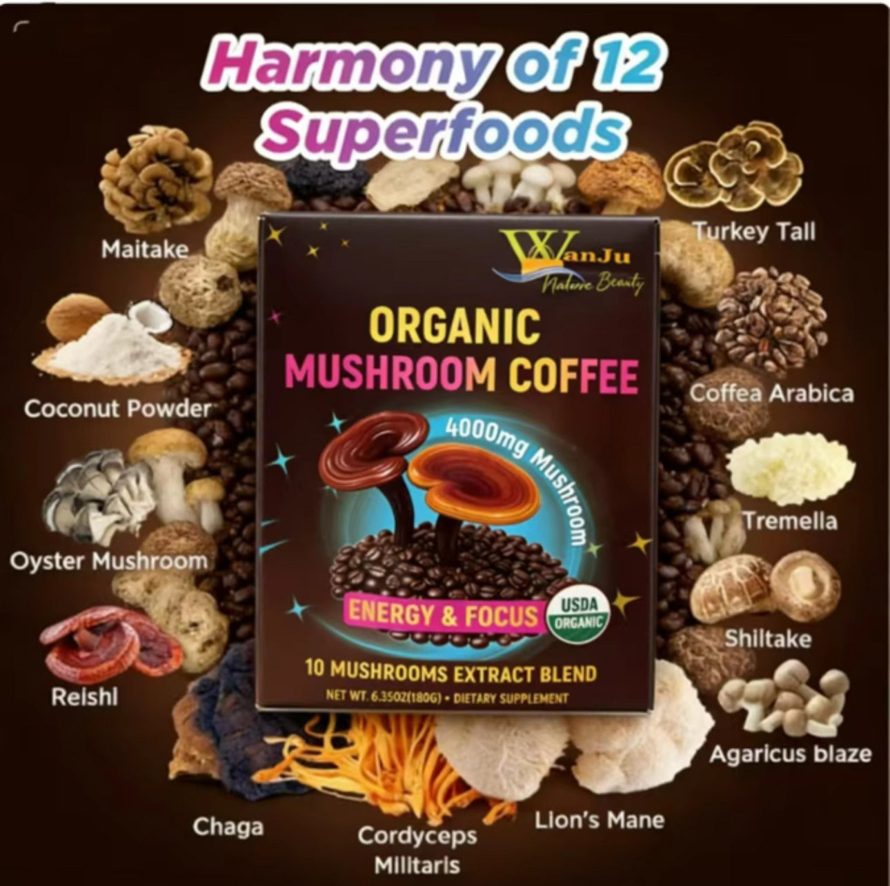 WanJu Nature Beauty Organic Mushroom Coffee – 10 Mushroom Extract Blend (4000mg) for Energy, Focus & Wellness | USDA Organic Arabica | 8.35oz + Free Stainless Steel Vacuum Coffee Mug