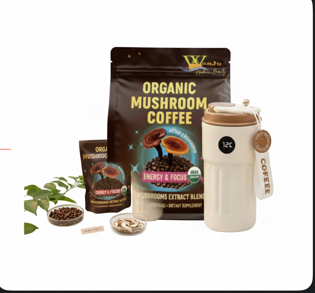 WanJu Nature Beauty Organic Mushroom Coffee – 10 Mushroom Extract Blend (4000mg) for Energy, Focus & Wellness | USDA Organic Arabica | 8.35oz + Free Stainless Steel Vacuum Coffee Mug