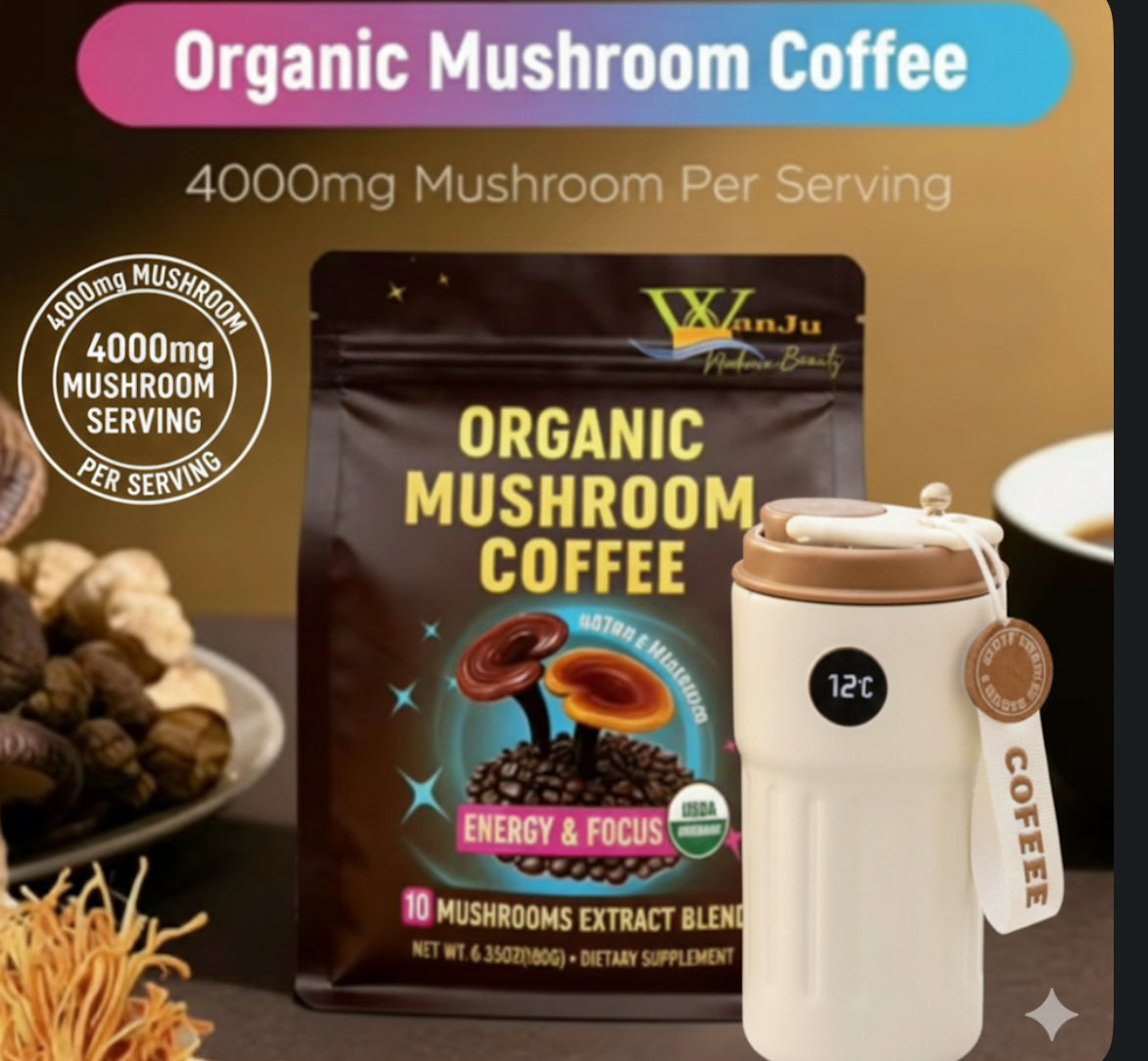 WanJu Nature Beauty Organic Mushroom Coffee – 10 Mushroom Extract Blend (4000mg) for Energy, Focus & Wellness | USDA Organic Arabica | 8.35oz + Free Stainless Steel Vacuum Coffee Mug