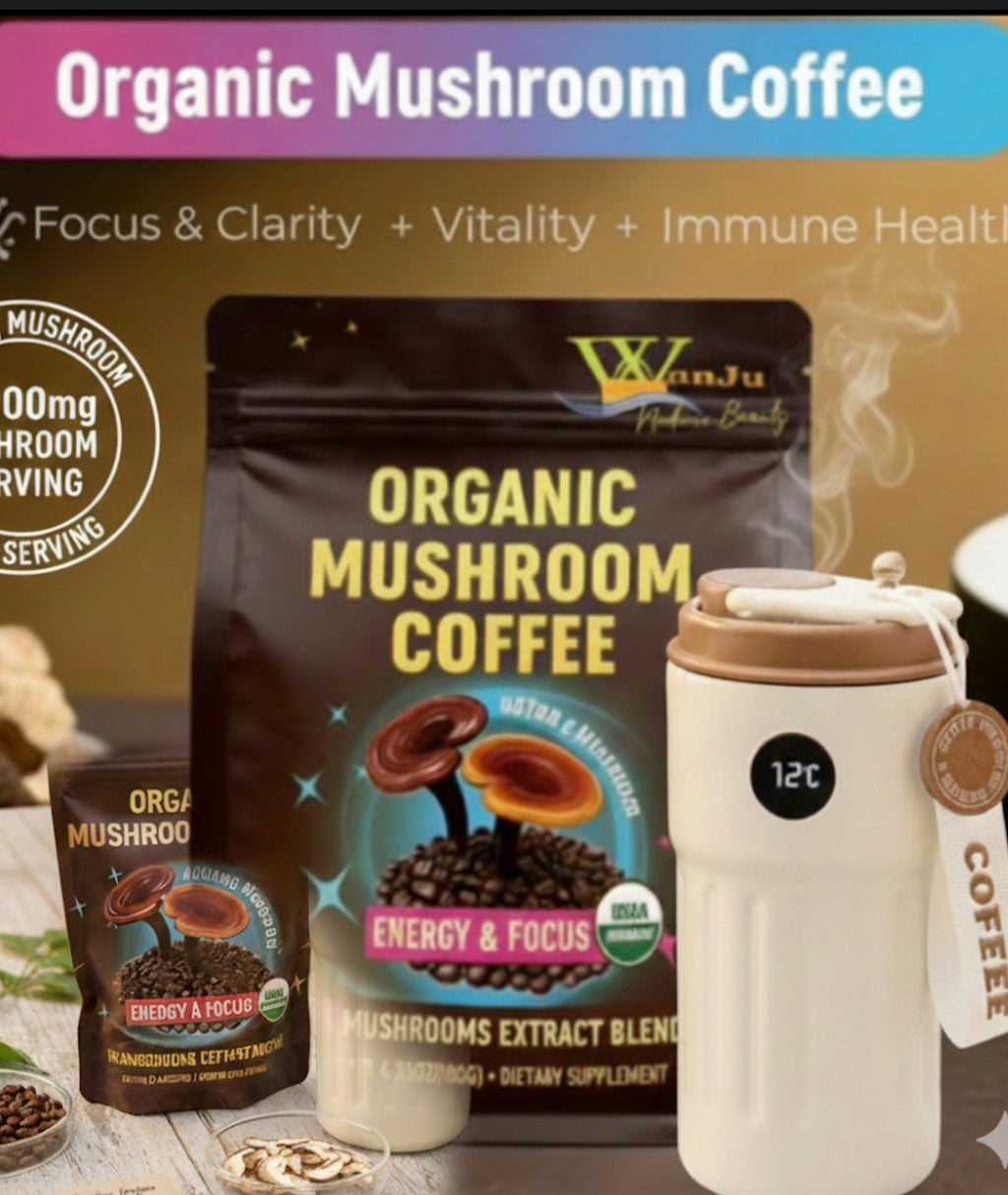 WanJu Nature Beauty Organic Mushroom Coffee – 10 Mushroom Extract Blend (4000mg) for Energy, Focus & Wellness | USDA Organic Arabica | 8.35oz + Free Stainless Steel Vacuum Coffee Mug