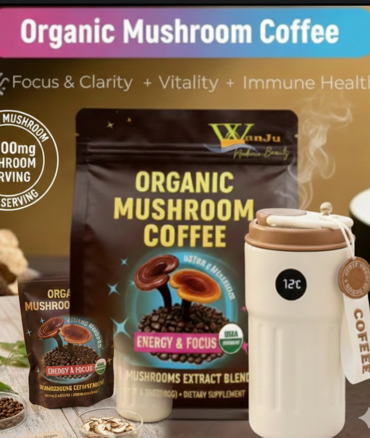 WanJu Nature Beauty Organic Mushroom Coffee – 10 Mushroom Extract Blend (4000mg) for Energy, Focus & Wellness | USDA Organic Arabica | 8.35oz + Free Stainless Steel Vacuum Coffee Mug