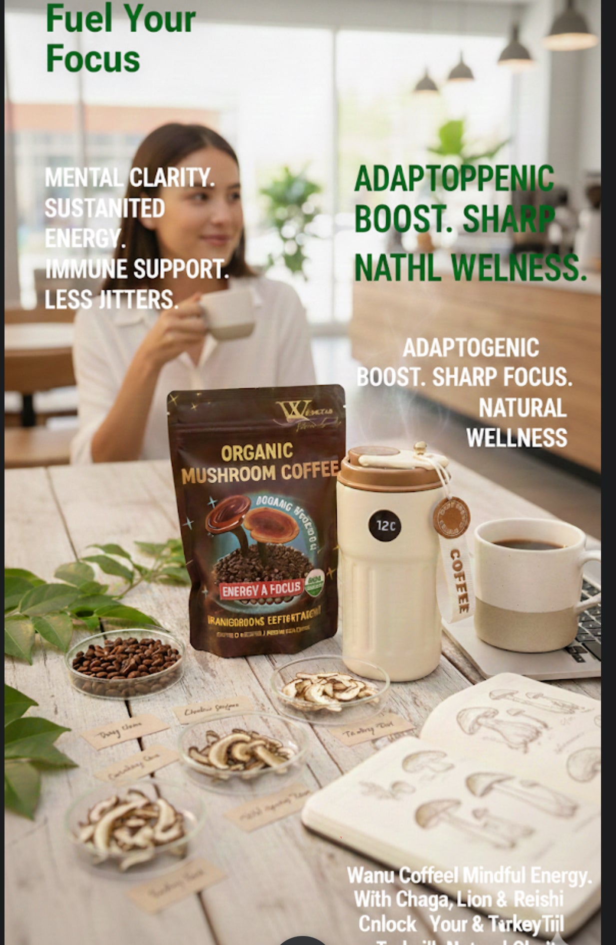 WanJu Nature Beauty Organic Mushroom Coffee – 10 Mushroom Extract Blend (4000mg) for Energy, Focus & Wellness | USDA Organic Arabica | 8.35oz + Free Stainless Steel Vacuum Coffee Mug
