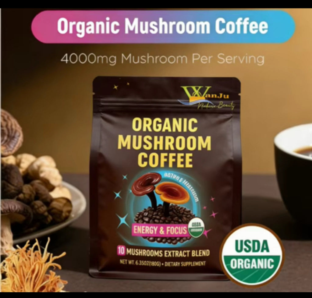 USDA Organic Mushroom Coffee – 10 Mushroom Extract Blend, 4000mg for Energy, Focus & Wellness (180g)