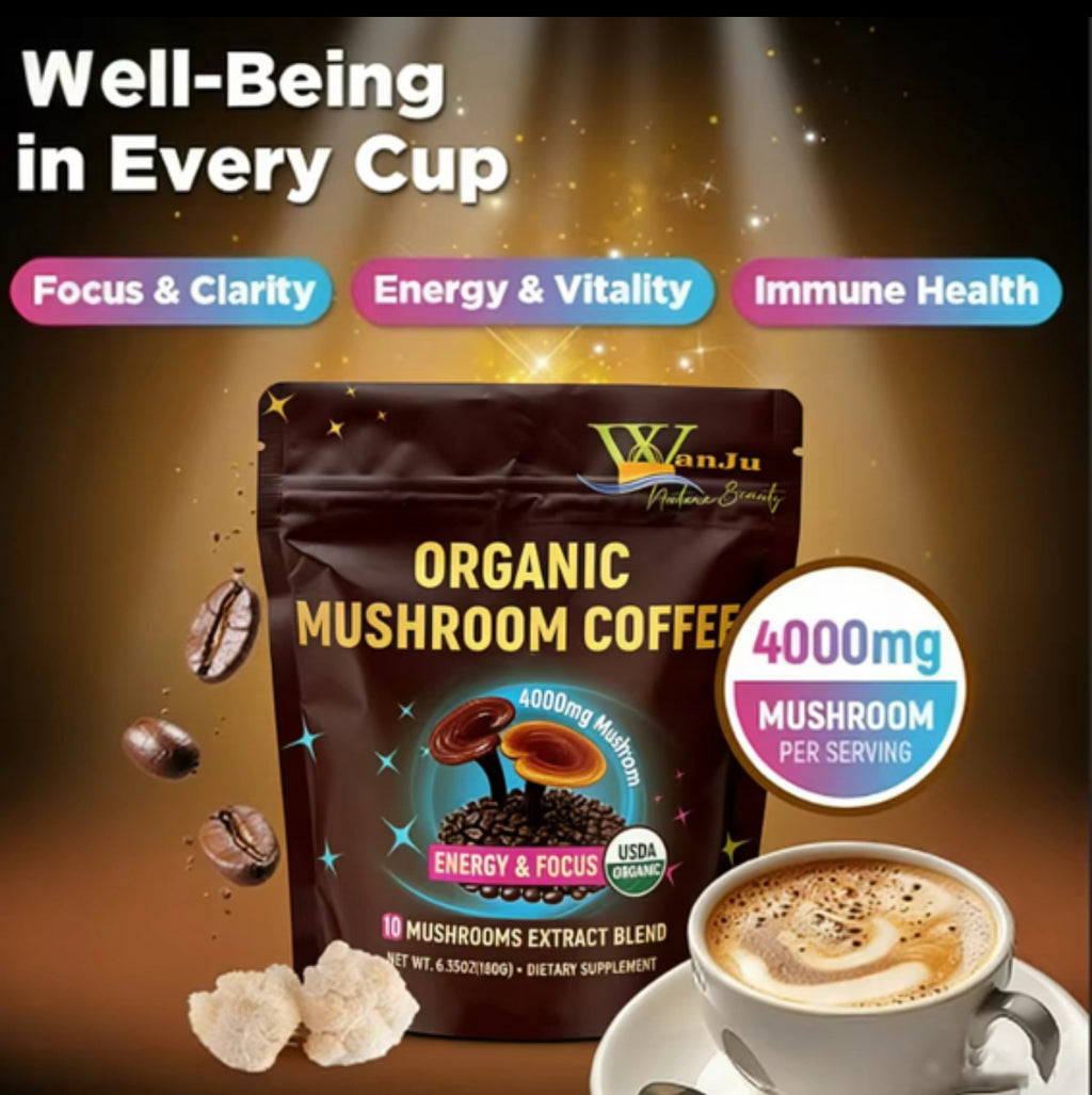 USDA Organic Mushroom Coffee – 10 Mushroom Extract Blend, 4000mg for Energy, Focus & Wellness (180g)