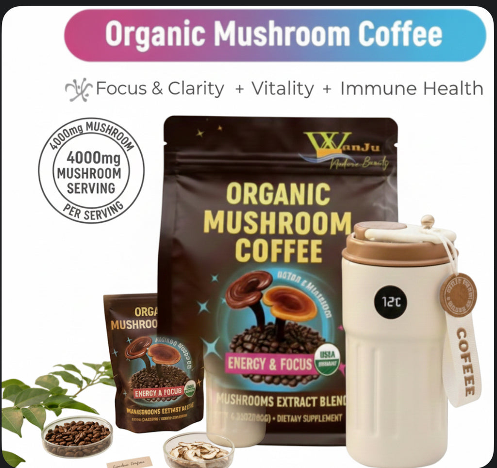 WanJu Nature Beauty Organic Mushroom Coffee – 10 Mushroom Extract Blend (4000mg) for Energy, Focus & Wellness | USDA Organic Arabica | 8.35oz + Free Stainless Steel Vacuum Coffee Mug