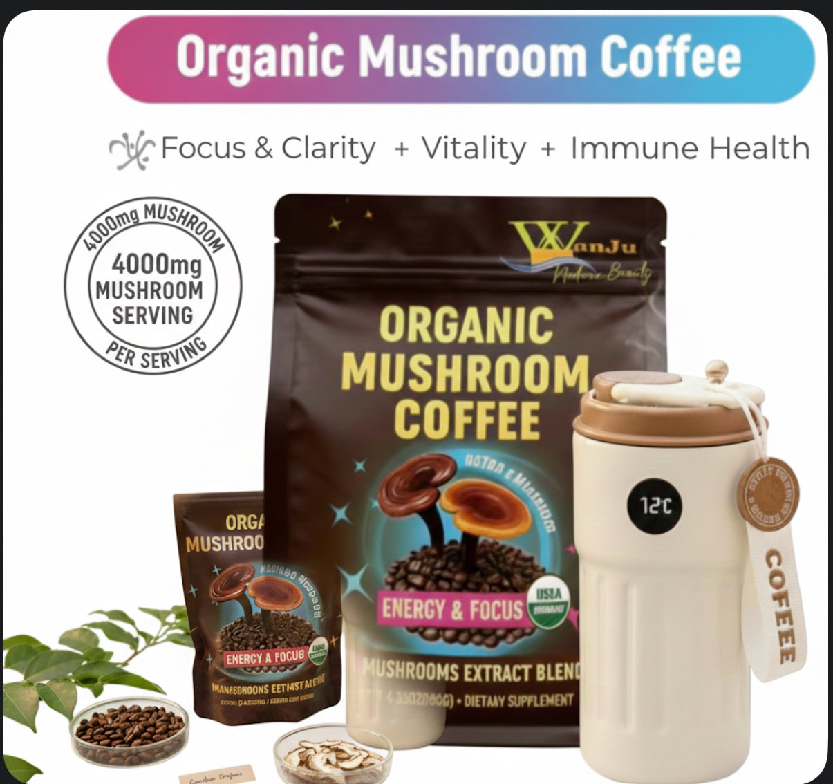 WanJu Nature Beauty Organic Mushroom Coffee – 10 Mushroom Extract Blend (4000mg) for Energy, Focus & Wellness | USDA Organic Arabica | 8.35oz + Free Stainless Steel Vacuum Coffee Mug