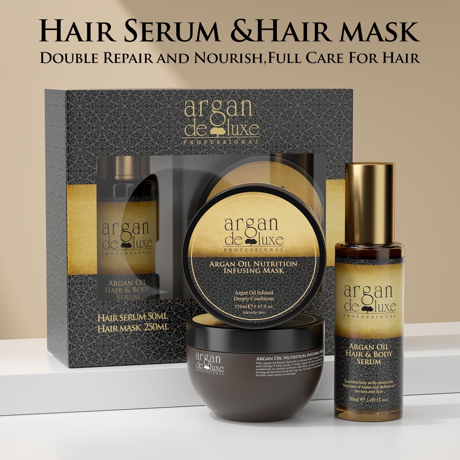 Argan deluxe professional  nourishing hair mask and hair oil & body serum, set of 2